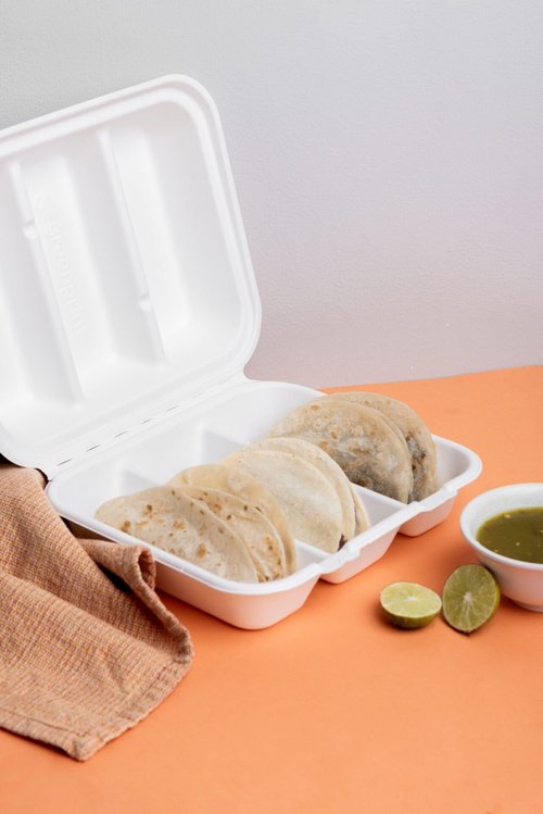 Greenprint 100% Compostable Sugarcane 3 Division Clamshell Take Out Containers - Eco-Friendly, PFSA Free, Disposable Food Container Divided for Sides, Tacos and Hot/Cold Meals, 200 CT