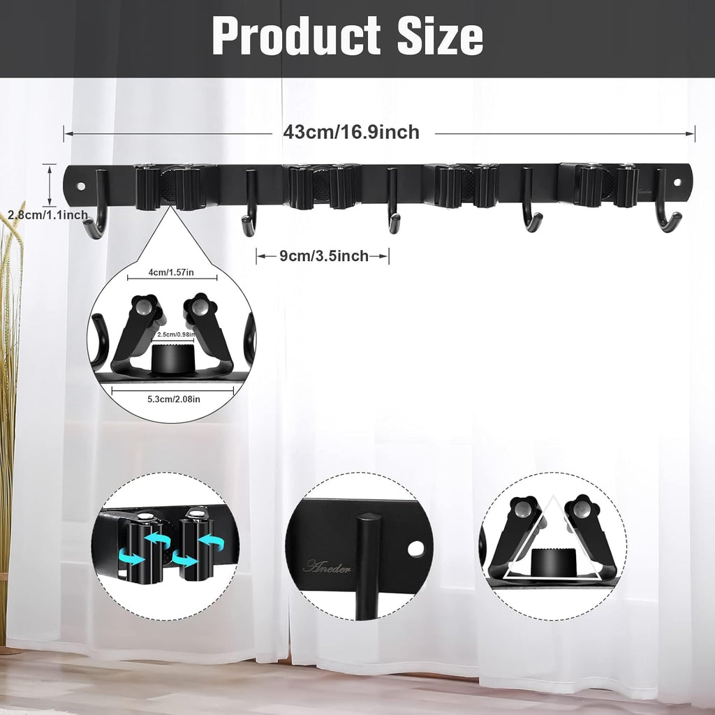 Skiennix Mop and Broom Holder - Wall Mount Organizer with 4 Racks & 5 Hooks | Heavy-Duty Stainless Steel for Home & Garage