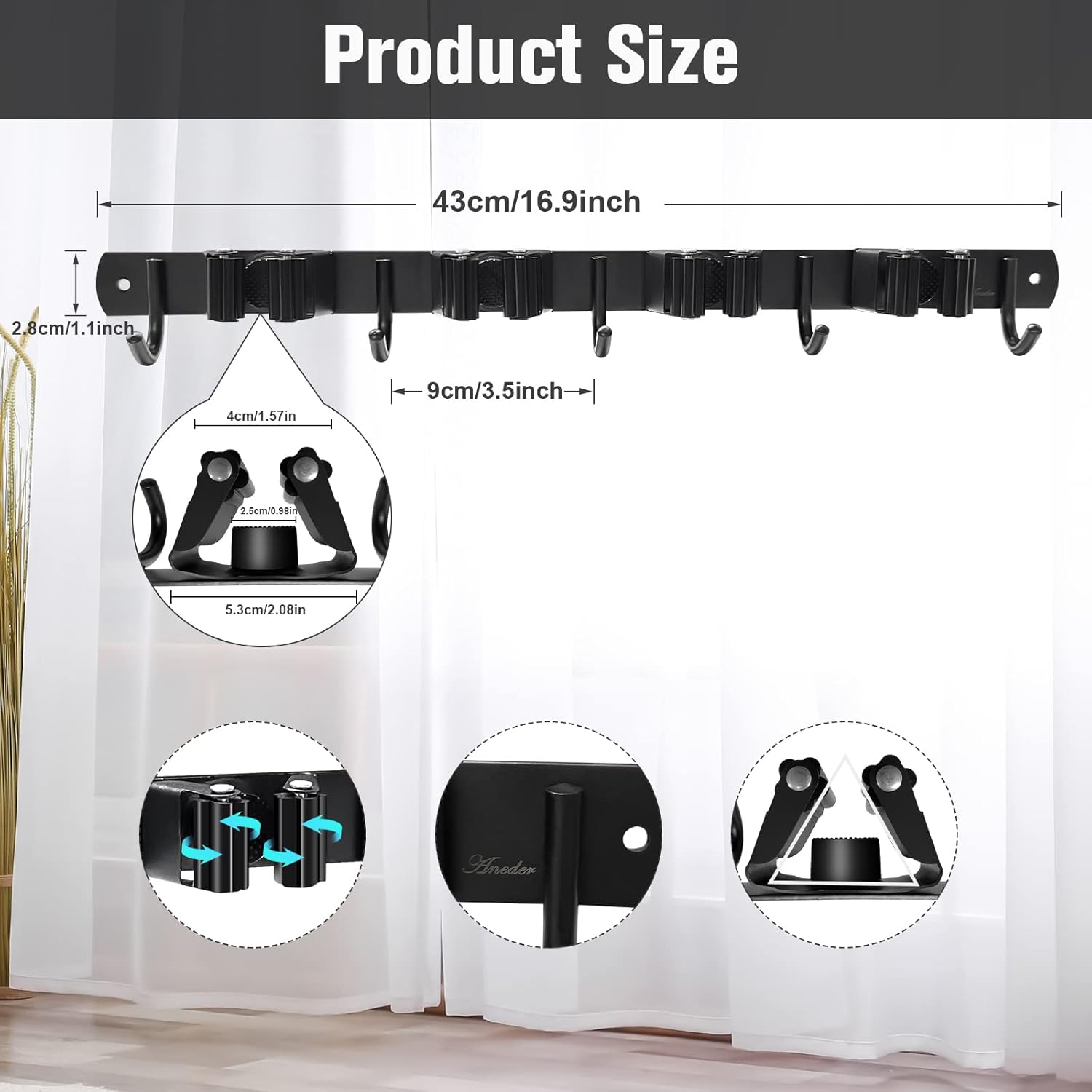 Skiennix Mop and Broom Holder - Wall Mount Organizer with 4 Racks & 5 Hooks | Heavy-Duty Stainless Steel for Home & Garage