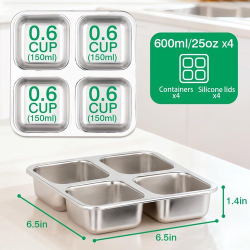 JUSTASHOW 4 Pack Stainless Steel Snack Containers with Lids, 4 Compartment Snack Container Small Lunch Box, Lunch Divided Food Storage Portion Control Meal Prep Reusable Snackle Lunchable for Work