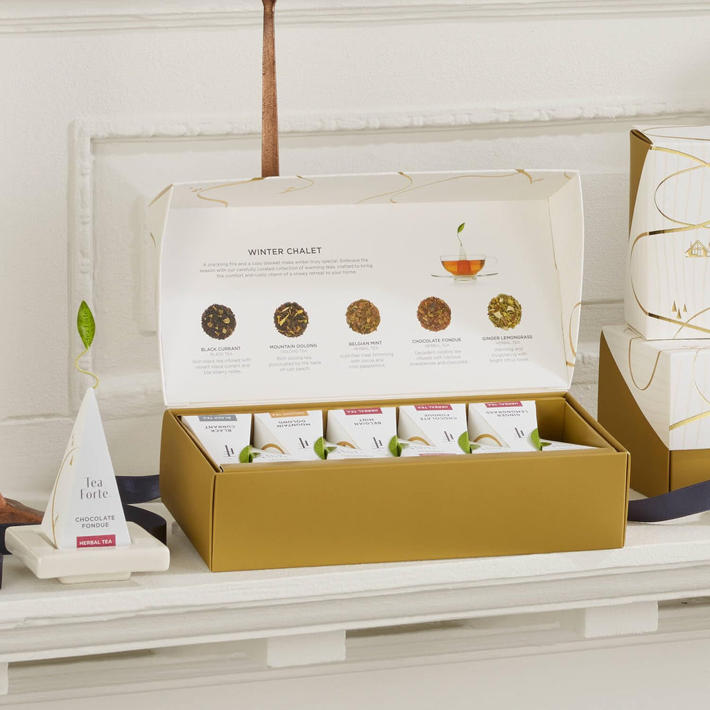 Tea Forte Premium Petite Presentation Box Gift Set Sampler, 10 Count, 2 of Each Blend Individually Wrapped Handcrafted Pyramid Infuser Bags, Winter Chalet