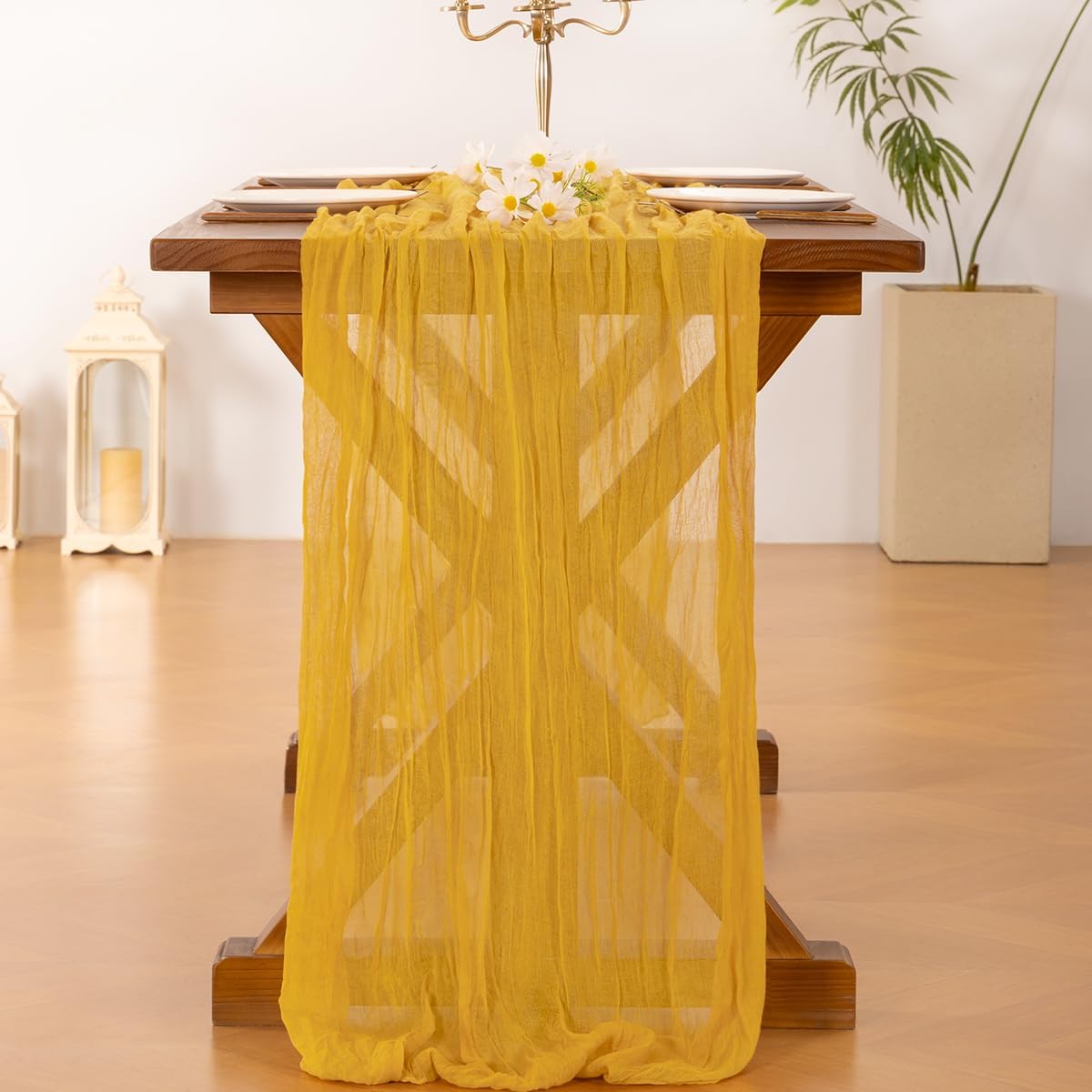 Socomi Cheesecloth Table Runner - 3pcs Gold Yellow Boho Rustic 120 Inch for Weddings & Parties
