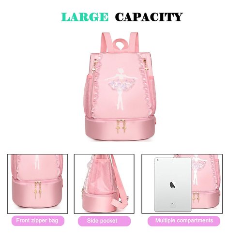 Ballet Dance Backpack with Separate Shoe Compartment,Cute Ballet Dance Backpack,Yoga Bag Dance Duffle Bag (Pink)