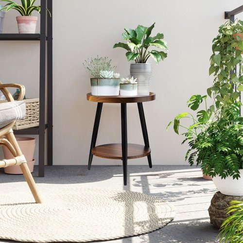 FANTERSI Small Round Side Table, 2-Tier Mid Century Modern Side Table, Round End Table Small End Table for Living Room, Metal Frames, Brown