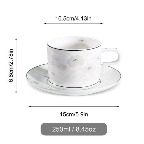 fanquare 7 Ounces Bone China Teacup and Saucer Set for 6, Silver Trimmed Peony Floral Porcelain Coffee Cup with Anti-Slip Design for Home Office Wedding