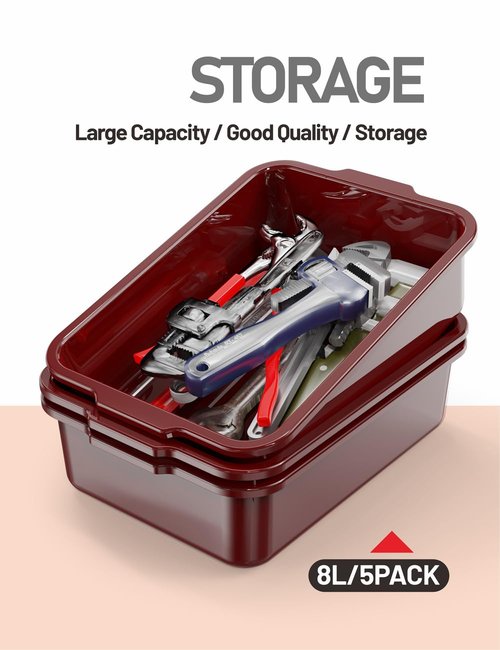 5-Pack Commercial Bus Tubs Box/Tote Box, Wine Red Plastic Storage Bin with Handles/Wash Basin Tub (8 Liter)
