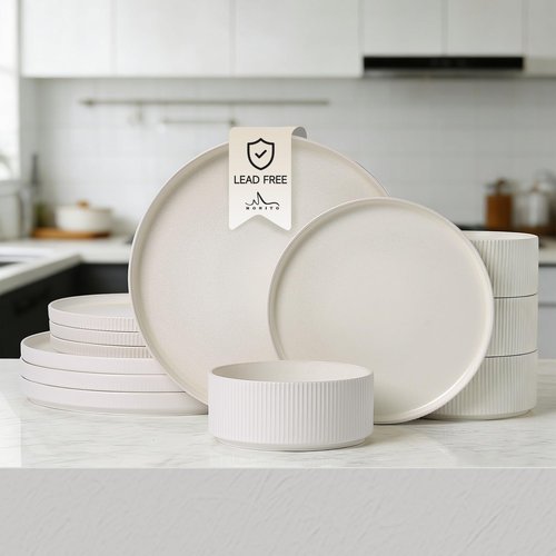 MONITO Ceramic Dinnerware Sets for 4, 12PCS Stoneware Plates and Bowls Sets, Reactive Glaze Dish Set, Chip and Scratch Resistant Double, Microwave and Dishwasher Safe, Matte White