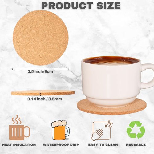 Faithful Panda 200-Pack Round Cork Coasters Bulk - 90mm (3.54 Inch) Natural Cork, Laser Engraving Ready Drink Pads for Coffee, Wine, Custom Wedding Gifts