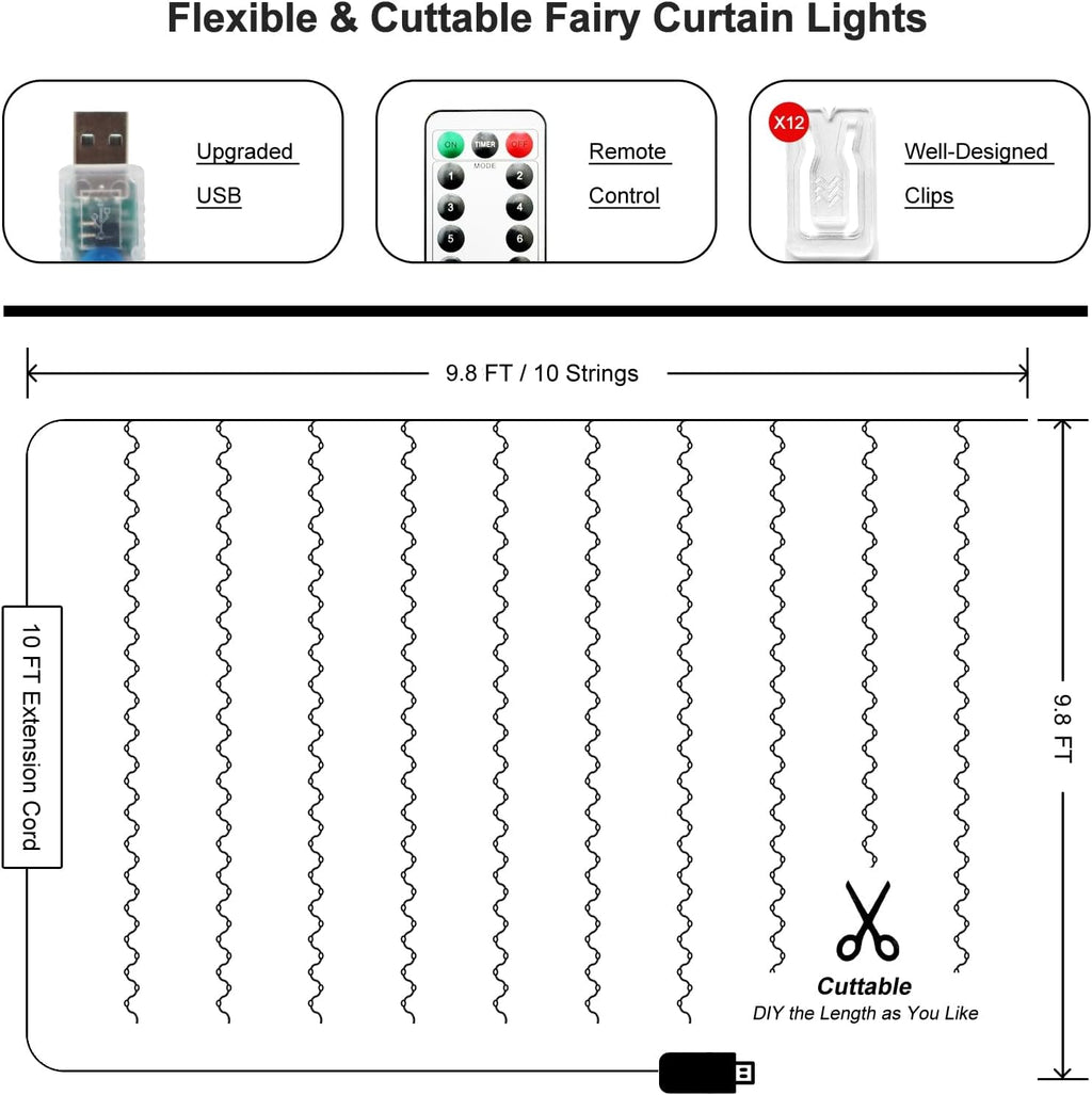Skiennix 300 LED Fairy Curtain Lights - 9.8 x 9.8FT Green USB Plug with 8 Modes & Remote for Christmas, Weddings, Indoor/Outdoor Decor