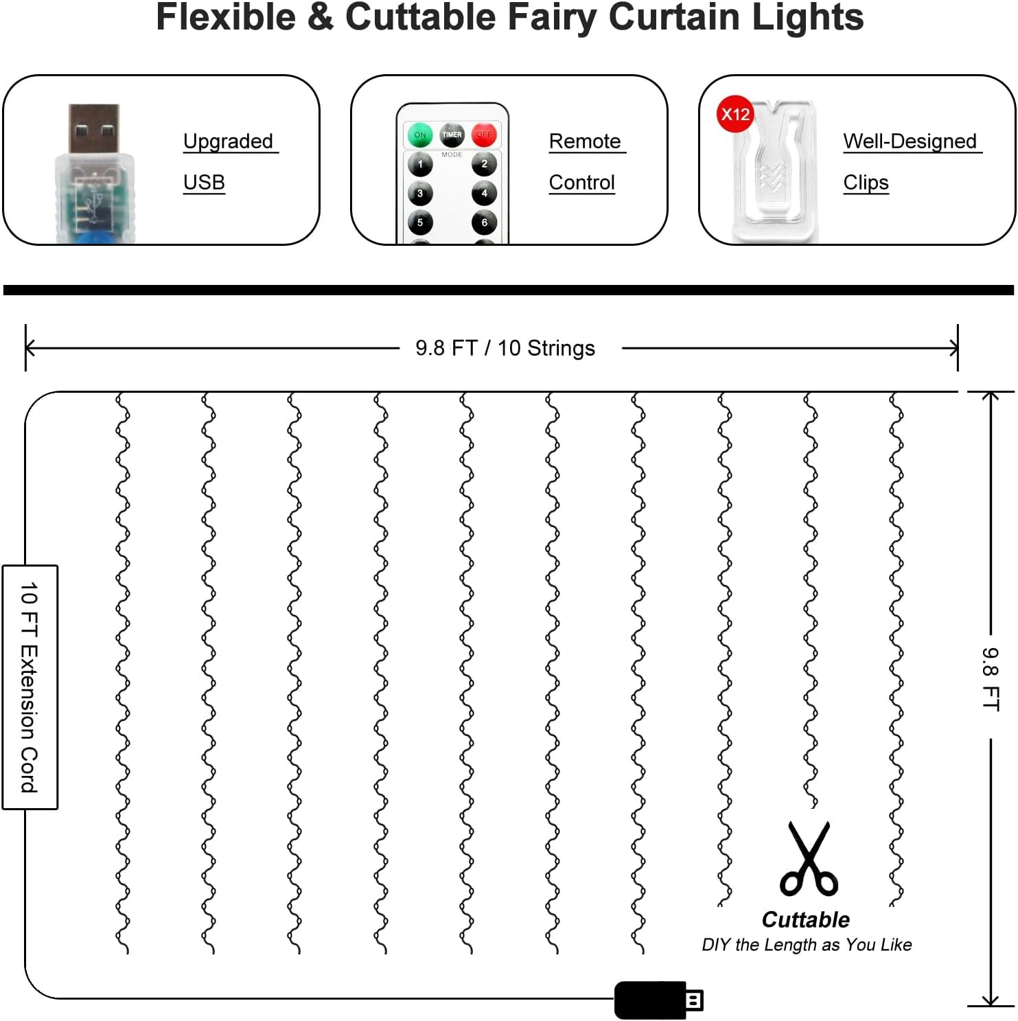 Skiennix 300 LED Fairy Curtain Lights - 9.8 x 9.8FT Green USB Plug with 8 Modes & Remote for Christmas, Weddings, Indoor/Outdoor Decor