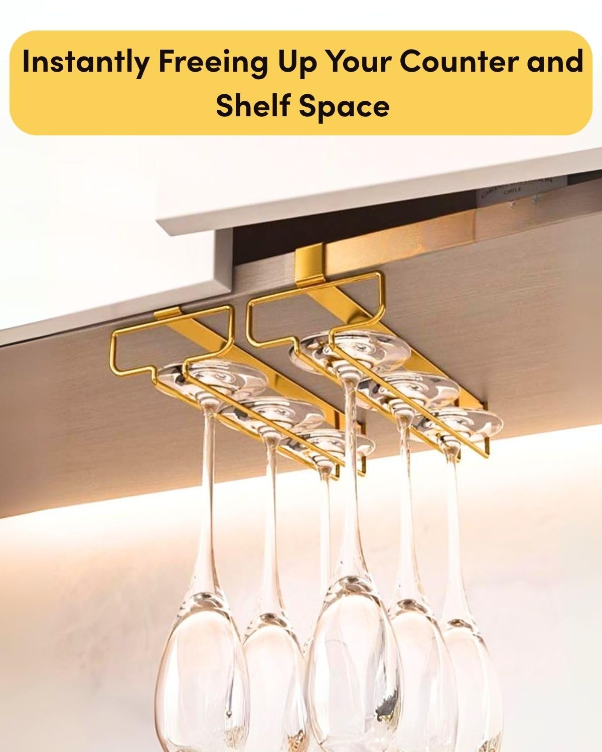 LINFIDITE Gold Under Cabinet Wine Glass Holder, 2 Pack, Space Saving, Easy Installation, Anti-Skid, Compact Design, Sturdy Materials, Affordable Gift