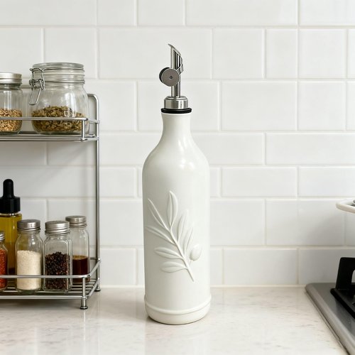 Lurockie 20 Oz Ceramic Olive Oil Dispenser Bottle, with Stainless Steel Spout & Funnel, Ideal for Oil, Vinegar, Coffee Syrup & Liquids (White)