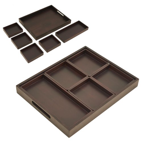 Koppen Acacia Wood Serving Tray with Handles – 6-Compartment Decorative Organizer for Snacks, Ottoman, Coffee Table Decor, Breakfast, Charcuterie, Kitchen Counter or Food Display