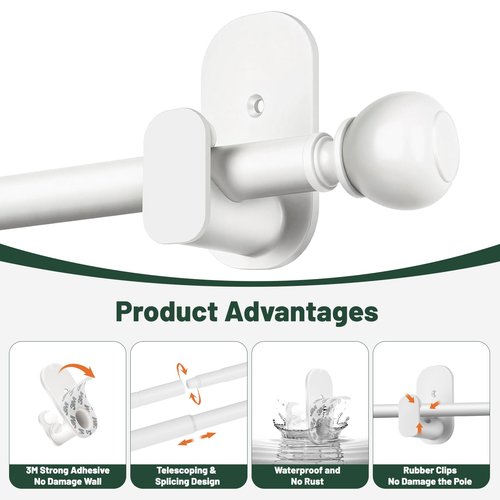 Curtain Rods No Drilling 32 to 58 Inches, USFOOK 5/8 Inch No Drill Curtain Rods for Windows with 3M Adhesive Brackets, Renter Friendly Drapery Pole with White Round Finials