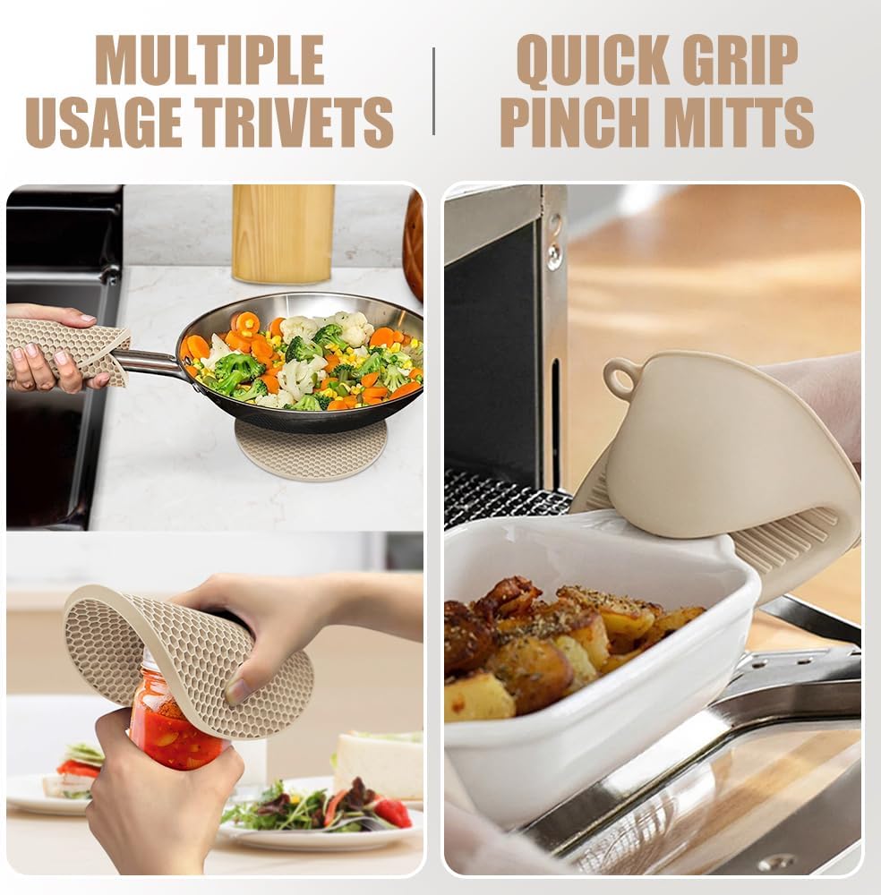 Rorecay Silicone Oven Mitts Set - Extra Long, High Heat Resistant 500°F | 6-Piece Non-Slip Kitchen Gloves