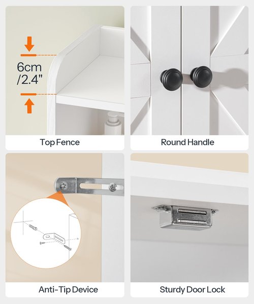 HOOBRO Over The Toilet Storage Cabinet, Farmhouse Over Toilet Bathroom Organizer with Doors and Adjustable Shelves, 31.5" L x 7.5" Wx 66.7" H, Space-Saving for Bathroom, Laundry, White WT80TS01N1