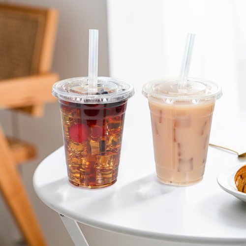 Kuerqi 100 Sets 16 Oz Plastic Cups with Lids and Straws, Iced Coffee Cups with Lids, Disposable Clear Plastic Cups with Lids for Iced Coffee, To-Go Drinks and Smoothies, Lemonade Stand Supplies