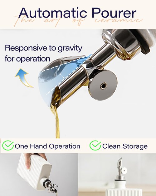 getstar Olive Oil Dispenser Bottle for Kitchen, Ceramic Decorative Oil Bottle with Automatic Stainless Steel Pourer (White)