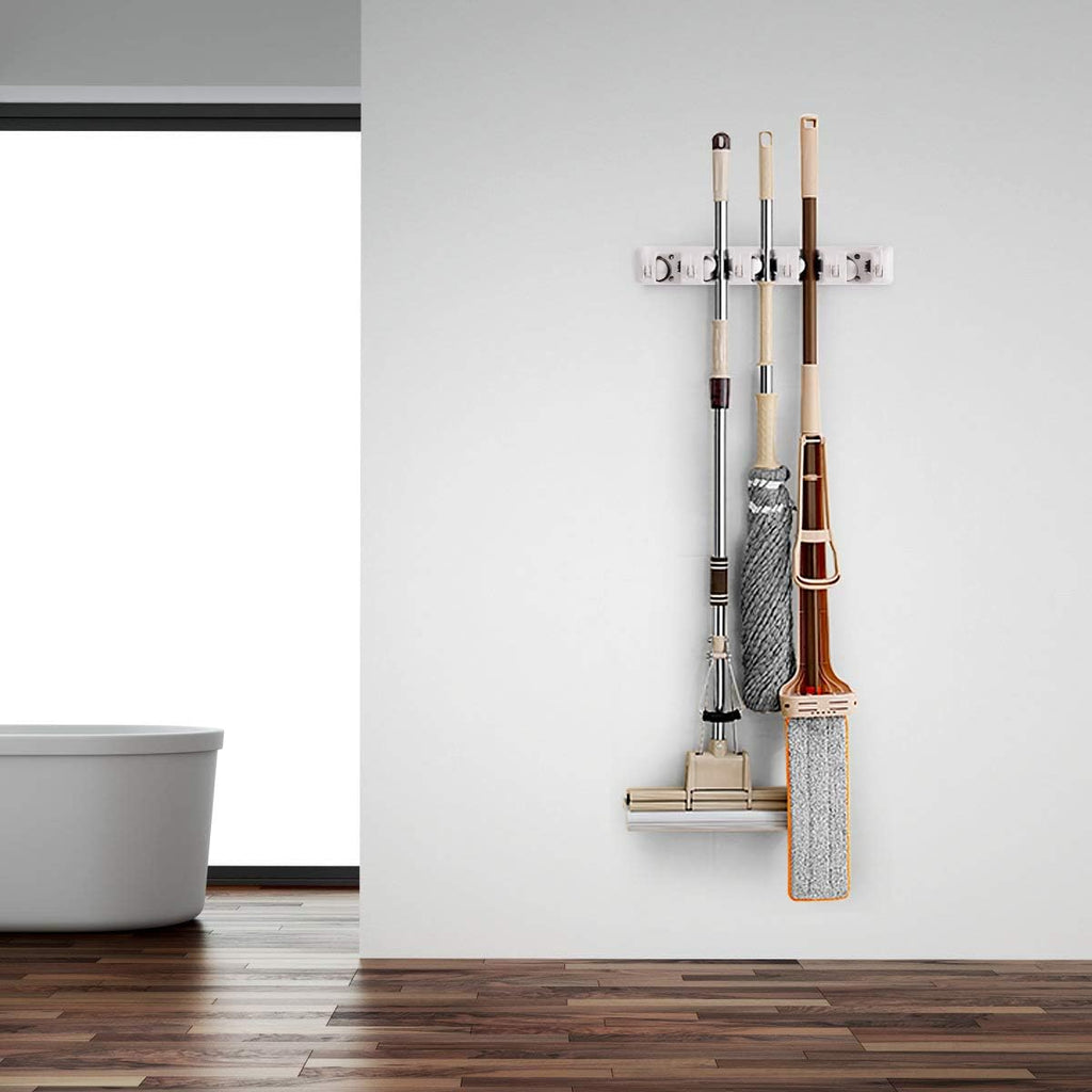 Tangkula Wall Mount Broom Holder - 5 Slot Organizer with 6 Hooks for Home, Kitchen & Garage (White)