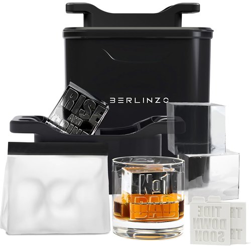 Berlinzo Premium Clear Ice Cube Maker with Conversation Ice Prints – 4 Large 2.1" Crystal Clear Ice Squares – Giftable Idea for Party, Game Night & Just for Fun – Includes Storage Bag (Non-Electric)