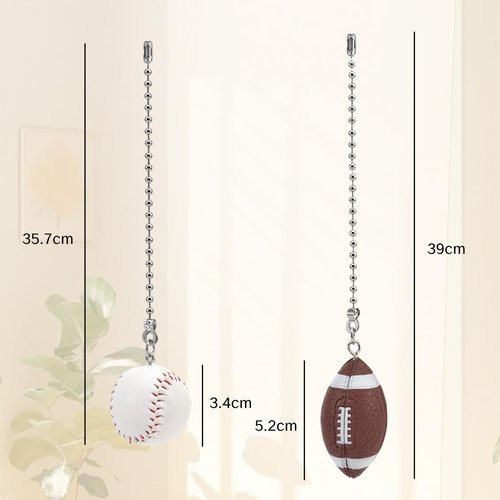 BRBASAP 2Pcs Ceiling Baseball Football Pull Fan Chain Set 12'' Sports Fan Pulls Nickel Decorative Extension for Ceiling Light Lamp Fan Chains Unique Long Cord Puller Ornaments
