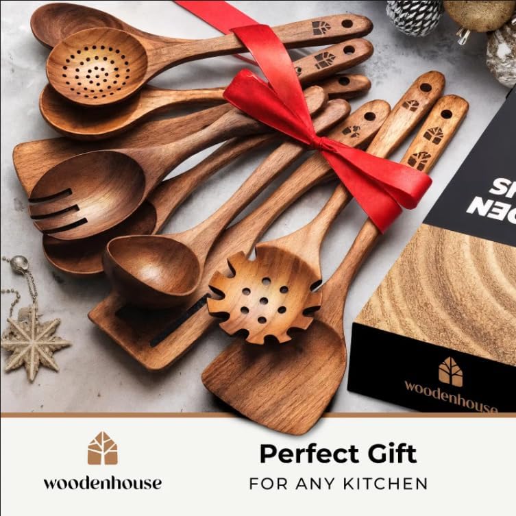 Teak Wood Cooking Spoons Set - 10 Durable Nonstick Utensils with Ergonomic Handles
