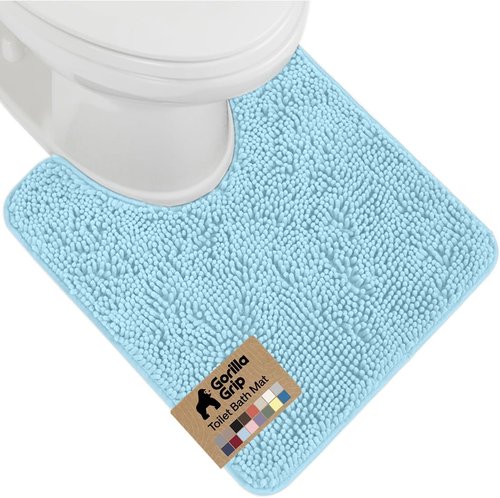 GORILLA GRIP Plush Chenille Bath Rug Mat - Soft Microfiber, Machine Washable, Oval Toilet Base, Sky Color