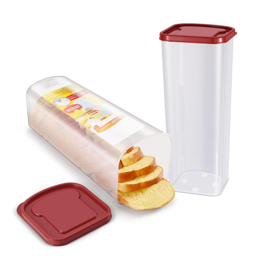 Flexzion 2 Pack Bread Containers Storage Airtight Loaf - Clear Bread Box for Kitchen Countertop BPA-Free Bread Loaf Storage Container Space-Saving & Durable Plastic Bread Container & Dispenser, Red