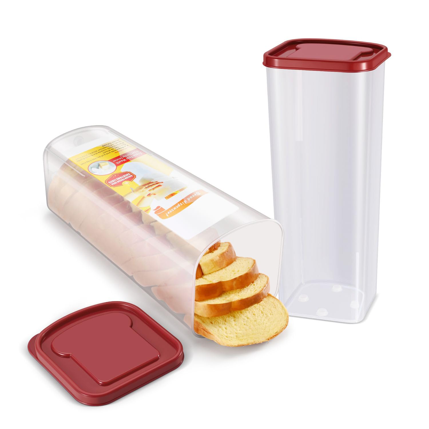 Flexzion 2 Pack Bread Containers Storage Airtight Loaf - Clear Bread Box for Kitchen Countertop BPA-Free Bread Loaf Storage Container Space-Saving & Durable Plastic Bread Container & Dispenser, Red