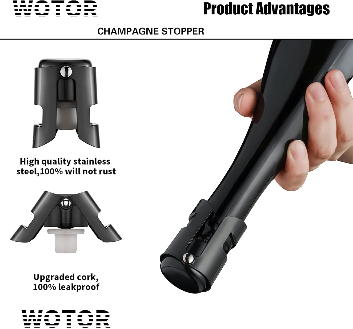 WOTOR Champagne Stoppers with Stainless Steel Champagne Bottle Stopper with Food Grade Silicone Reusable Champagne Cork, Saver Suitable for Champagne, Cava, Prosecco, Sparkling Wine (Black, 2pack)