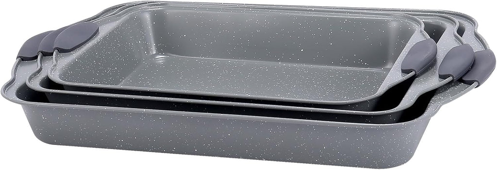 Anveena Nonstick Kitchen Oven Baking Pans - Premium Commercial Grade Bakeware with Red Silicone Handles | Easy to Clean Gray - 3-Piece Set