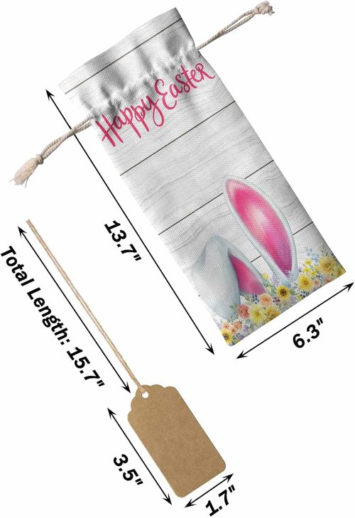 10pcs Linen Burlap Wine Bags with Drawstring Easter Wine Gift Bag with Tags Reusable Wines Bottle Cover Gift Bags for Birthday Tasting Party Supplies Spring Farmhouse Country Bunny Flower Wood Grain