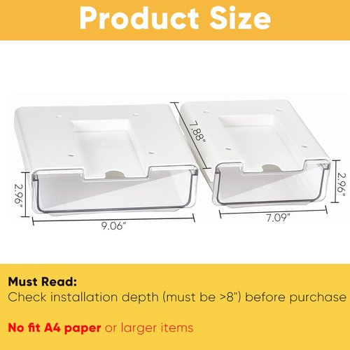 OrgaFocus 2 Pack Under Desk Hanging Drawer Slide Pull Out, Attachable Clear Acrylic Storage Tray, Easy Hidden Self Adhesive Mount Cabinet Shelf Holder for Tables, Home & Office, Counters, Workstation