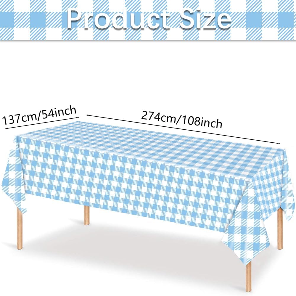 Skiennix Light Blue Checkered Tablecloth - 54" x 108" Waterproof Disposable Cover for Picnics & Parties