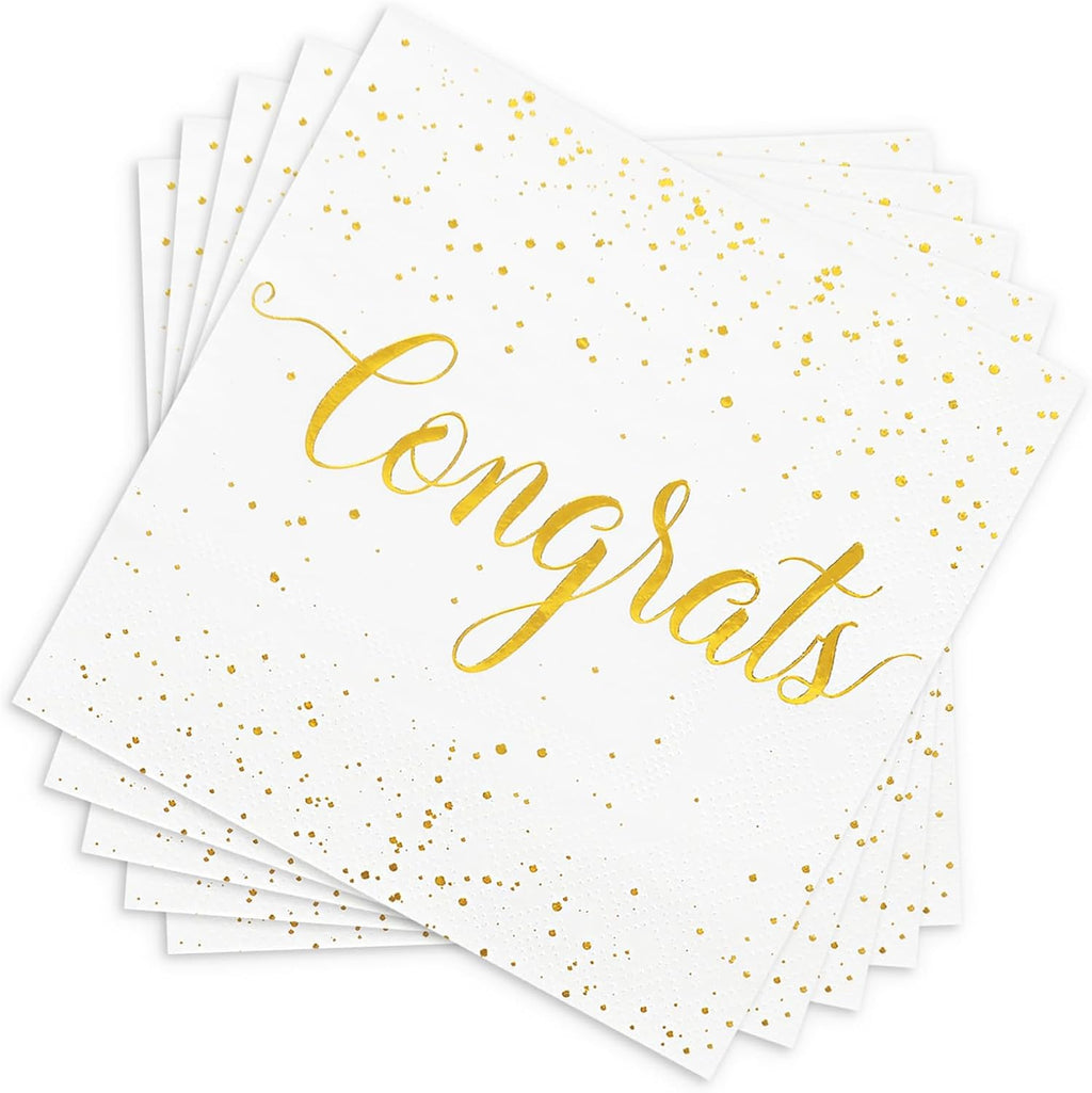 Whaline Cocktail Napkins - 80 Pcs White Gold Foil Congrats Design | Perfect for Graduation & Celebrations