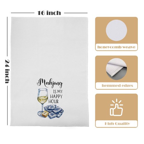 GCFET Mahjong Gifts Kitchen Decor - Mah Jong Wine Decorative Waffle Weave Dish Towels for Kitchen, Mah Jong Tea Hand Towels, Wine Gifts for Women, 16x24 Inch
