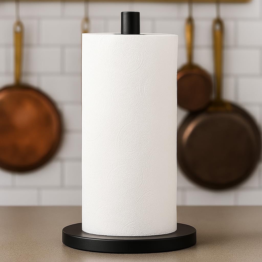 XL and Heavy Weighted Towel Holder, Premium Stainless Steel Large Black Paper Towel Holder, Unique and Modern Papertowel Dispenser with Heavy Base for Kitchen, Countertop, Cabinet, Napkin Roll