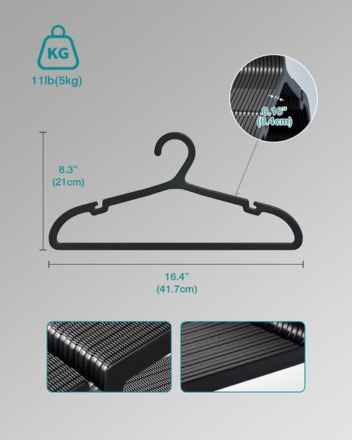 ABHENG 100 Pack Clothes Hangers, Non Slip Plastic Coat Hangers, Space Saving Hangers, Heavy Duty, Hanging Dry Wet Clothes, 16.4" x 8.3", Black, UAPY05100B