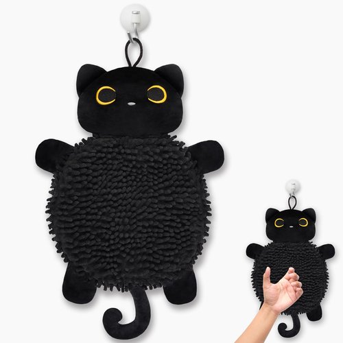 JEROKUMI Cat Hand Towel - Kitchen Towels with Hanging Loops Super Absorbent Chenille Hand Face Bath Towel, Funny Towel Kitchen & Bathroom Decor, Perfect Cat Gift for Women (8x18 Inch)