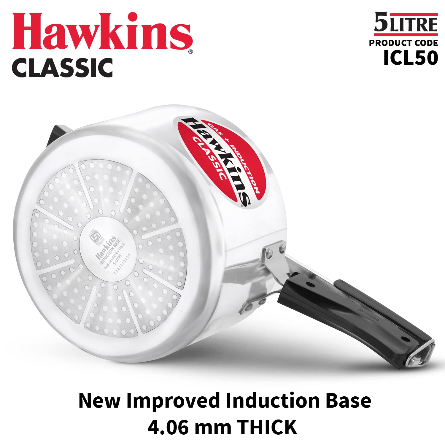 Hawkins Aluminium Classic Pressure Cooker, Induction Inner Lid Cooker, Pan Cooker, Best Cooker, Silver Icl50 5 Litre