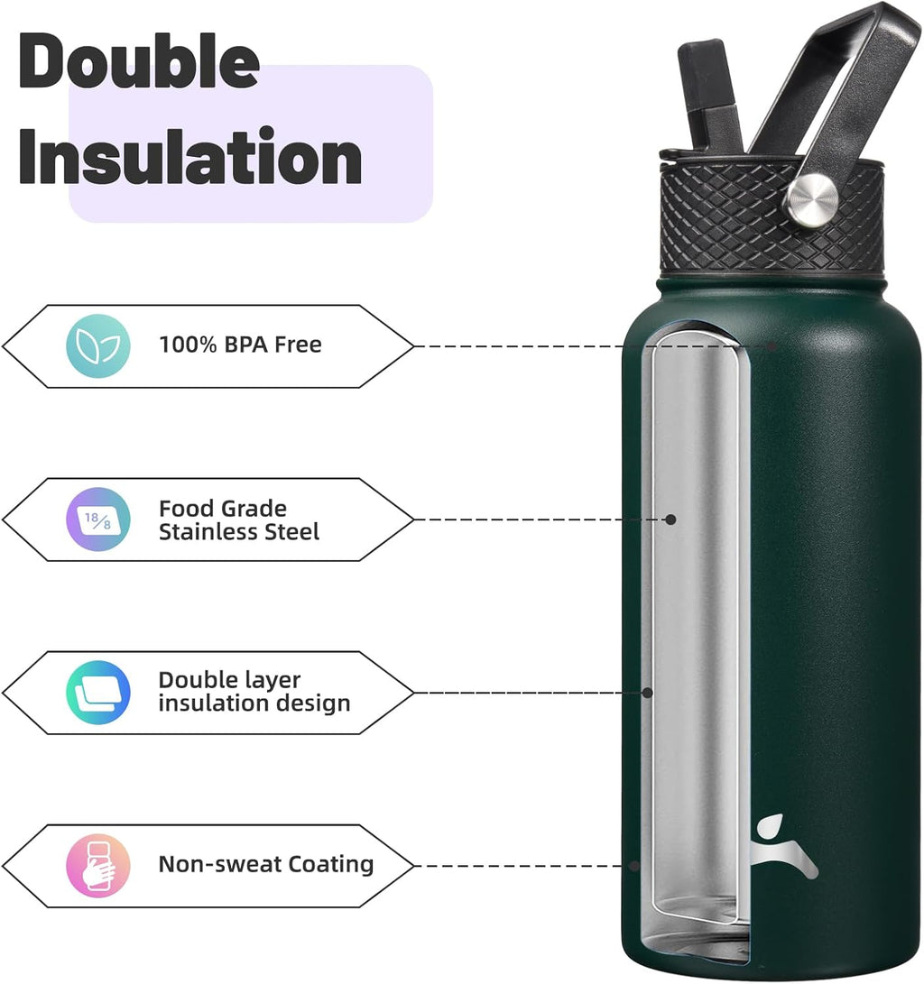 Skiennix 32 oz Insulated Stainless Steel Water Bottle - Durable Sport Bottle with 3 Lids | Army Green