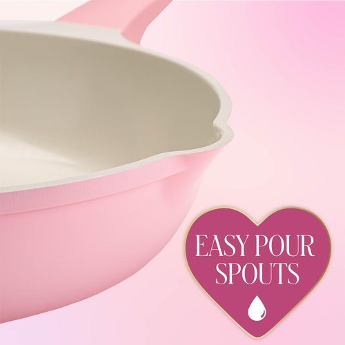 Paris Hilton Ceramic Cast Aluminum Nonstick Fry Pan, Fast & Even Heating with Easy Pour Spouts & Comfort-Grip Handle, 8-Inch, Pink