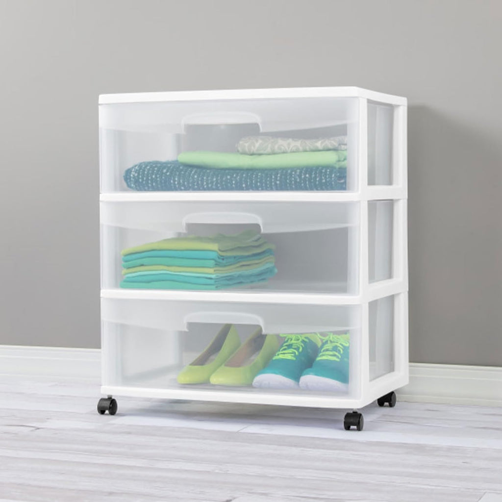 Sterilite Wide 3 Drawer Storage Cart - Rolling Plastic Organizer with Wheels | White & Clear Drawers