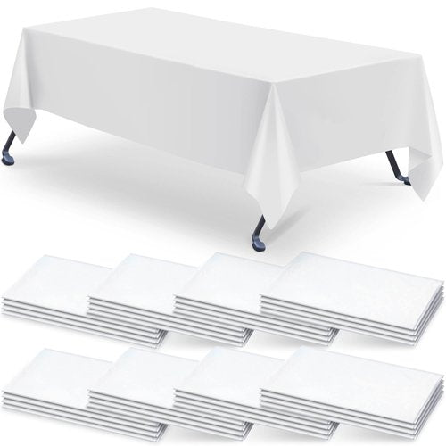 Jecery 30 Pack 60x126 Inch White Rectangle Tablecloth Plastic Table Cloths for 8 Foot Rectangle Tables Waterproof Stainproof Table Cover Bulk for Birthday Wedding Banquet Outdoor Party