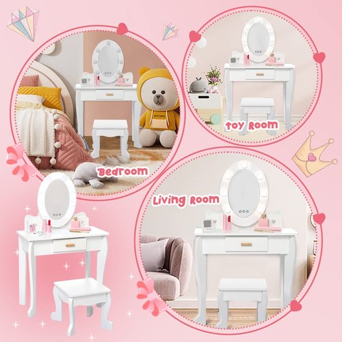 Kids Vanity Set, Pretend Play Girls Vanity Table and Chair Set with Lighted Mirror, Stool, and Wood Makeup Playset, White