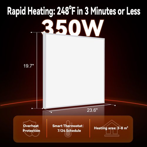 FrauSonne Infrared Space Heater 350W for Indoor Use with Thermostat, Wall Mounted Electric Convection Panel Heater, Silent & Energy Saving Room Heating Panel, Overheat Protection, with Remote & APP