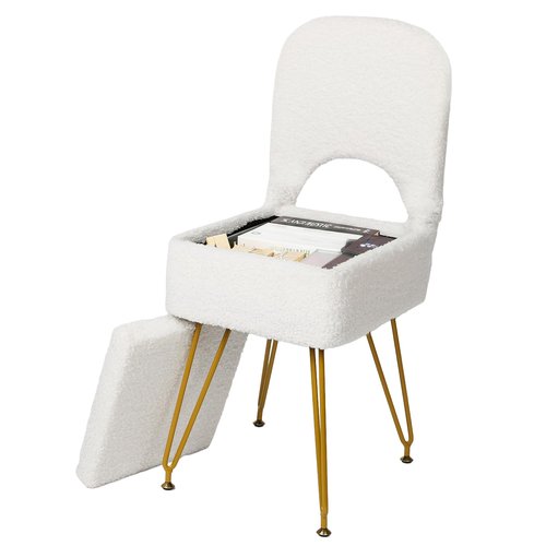 mapleway Small Vanity Stool Chair with Storage and Adjustable Folding Back 12.6" x 13.8" x 29.9" Alpaca Fur Soft Ottoman 4 Metal Legs with Anti-Slip Feet Furry Padded Seat for Makeup, Bedroom, White