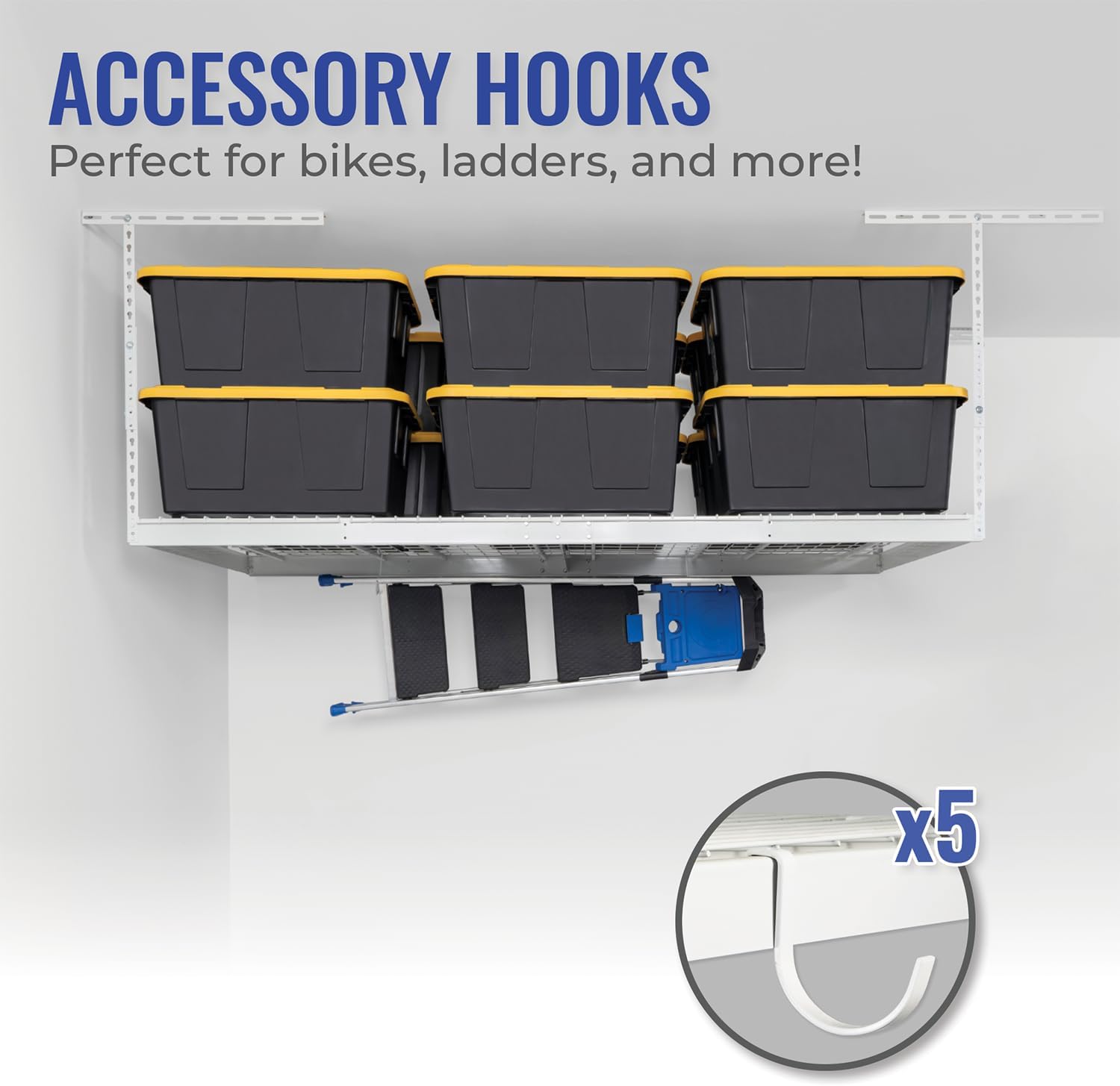 SafeRacks Overhead Storage Rack - Adjustable 4 ft x 8 ft | Height 24 in - 45 in, White with 5-Piece Hook Set