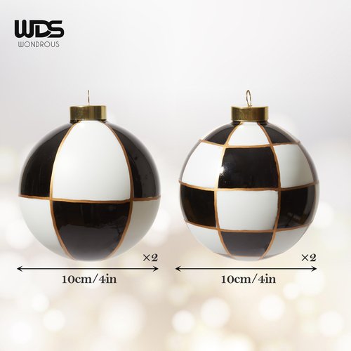 WDS WONDROUS Christmas Ornaments Black and White, Set of 4 Xmas Ball Shatterproof, Checkered Dot Hanging Ball for Christmas Tree Party Holiday Decoration Supplies