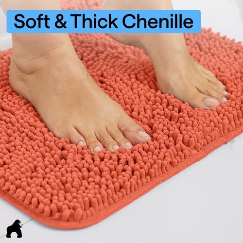 GORILLA GRIP Bath Rug Mat - Thick Soft Absorbent Chenille | Quick Dry Microfiber, 60x24 Coral
